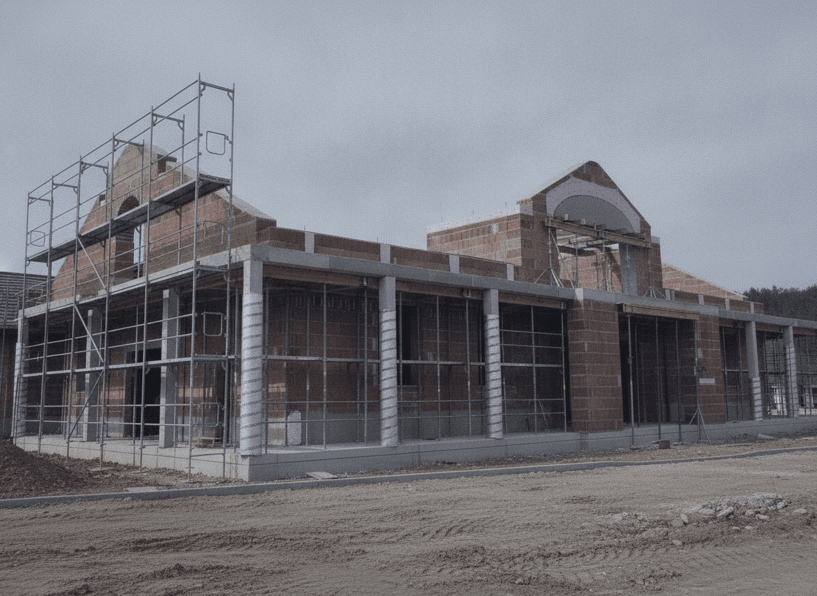 Gerüstvertikalen vor einer Hausfassade